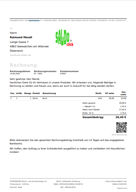 Rechnung in SALDOclick mit Positionen, Logo und QR-Code