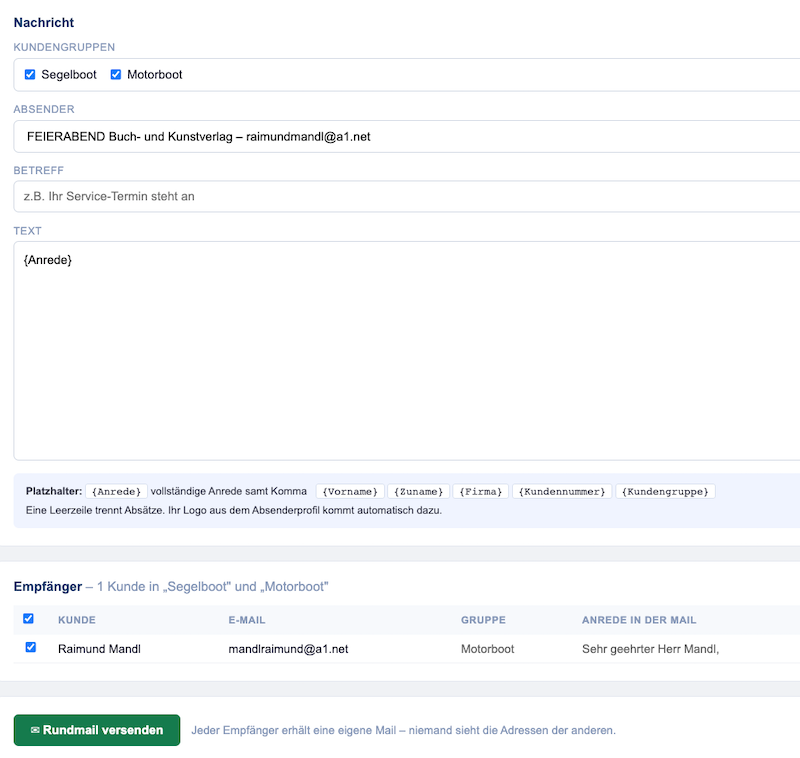 Rundmail an eine Kundengruppe mit persönlicher Anrede